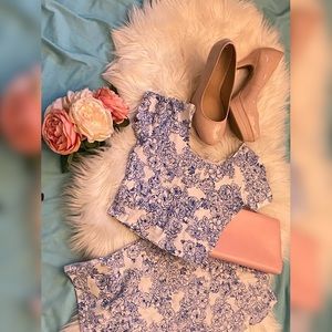 Blue and white crop top and skirt set